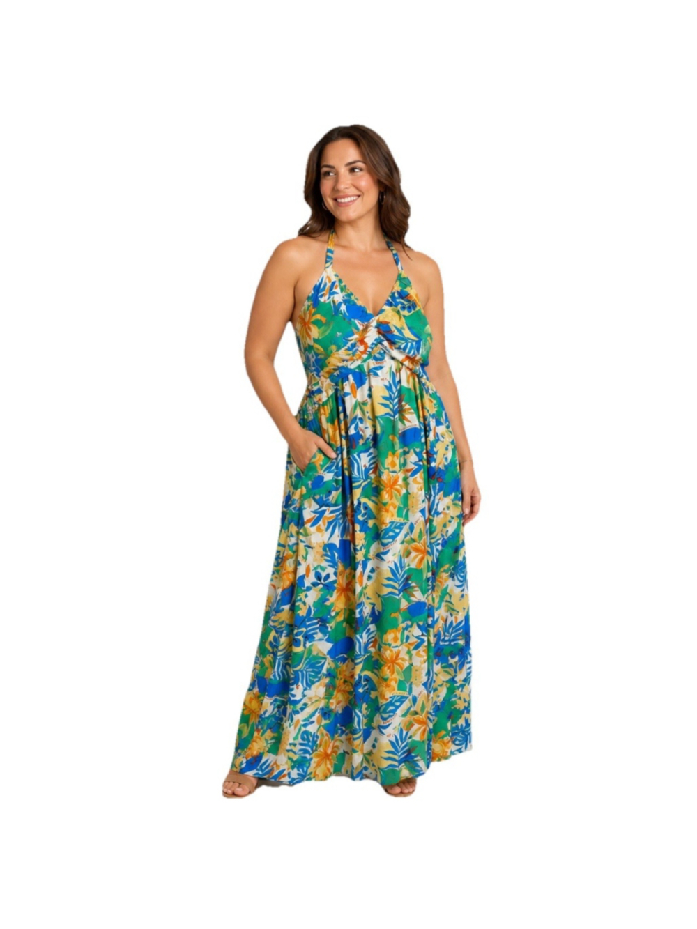 NEW Tropical Halter Maxi Dress Womens L Empire Waist Floral Smocked Flowy Rayon